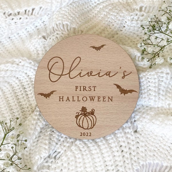 Personalised Engraved Baby's First Halloween Name Plaque | Pumpkin | Keepsake Decoration | Wooden Baby Gift | Social Media Photo Prop Disc