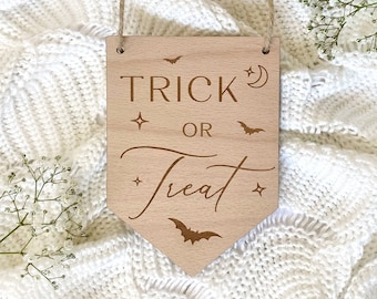 Trick Or Treat Engraved Halloween Wooden Flag | Halloween Keepsake Decoration | Boo Basket | Halloween Decoration | Neutral Halloween Decor