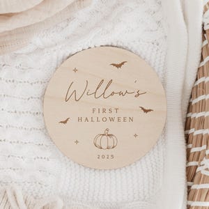 Baby&#39;s First Halloween Name Plaque | Babys First Halloween Pumpkin Plaque | Wooden Keepsake | Halloween Social Media Photo Prop Disc