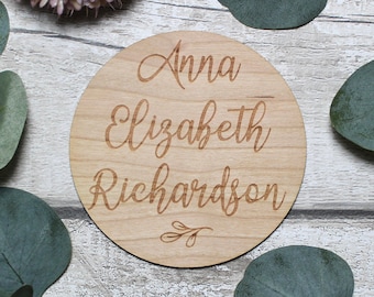 Baby Arrival Sign | l Engraved Baby Name Sign | Cherrywood Birth Gift |  Social Media Photo Prop Disc | Botanical