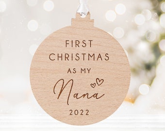 Personalised First Christmas Family Bauble | Wooden Xmas Tree Decoration | Baby Christmas Keepsake | First Christmas As My Nana Ornament