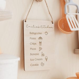 Toy Kitchen Sign | Children&#39;s Play Cafe Kitchen Menu | Wooden Play Cafe Wooden Menu | Play Kitchen Accessories | Playroom Role Play Decor