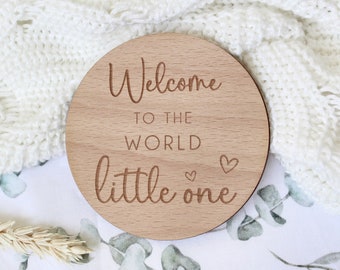 Baby Arrival Sign | Welcome to the World | Hello World l Engraved Name Plaque | Wooden Birth Gift | Social Media Photo Prop Disc | Hearts