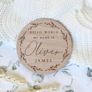 Personalised Baby Arrival Sign | Hello World My Name Is Sign l Engraved Baby Name Plaque | Wooden Birth Gift | Social Media Photo Prop Disc