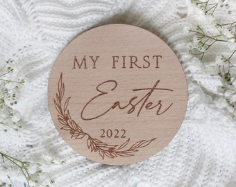 Personalised Engraved Baby's First Easter Name Plaque | First Easter Keepsake Decoration | Wooden Baby Gift | Social Media Photo Prop Disc