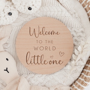Baby Arrival Sign | Welcome to the World | Hello World l Engraved Name Plaque | Wooden Birth Gift | Social Media Photo Prop Disc | Hearts
