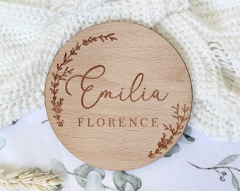 Baby Arrival Sign | Hello My Name Is Sign l Engraved Baby Name | Cherrywood Birth Gift |  Social Media Photo Prop Disc | Botanical Wreath