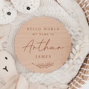 Baby Name Sign | Hello World My Name Is Sign l Engraved Baby Name Plaque | Birth Announcement | New Baby Gift | Social Media Photo Prop Disc