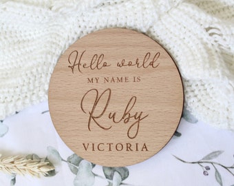 Baby Arrival Sign | Hello My Name Is Sign l Engraved Baby Name Plaque | Wooden Birth Gift | Social Media Photo Prop Disc | Scandi Nursery