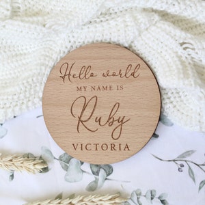 Baby Arrival Sign | Hello My Name Is Sign l Engraved Baby Name Plaque | Wooden Birth Gift | Social Media Photo Prop Disc | Scandi Nursery