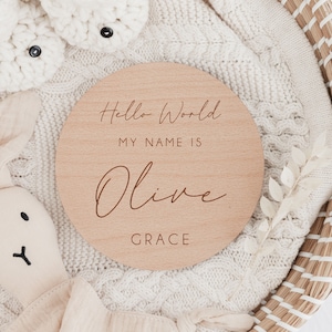 Baby Name Sign | Hello World My Name Is Sign l Engraved Baby Name Plaque | Birth Announcement | New Baby Gift | Social Media Photo Prop Disc