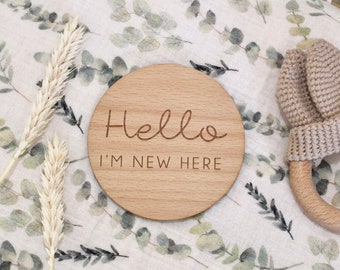 Baby Arrival Sign | Hello Little One | Hello World My Name Is l Engraved Baby Name Plaque | Wooden Birth Gift | Social Media Photo Prop Disc