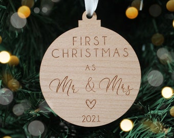 Personalised First Christmas As Mr and Mrs Bauble | Wooden Xmas Tree Decoration | Couple Christmas Keepsake | First Christmas Married Mr Mrs