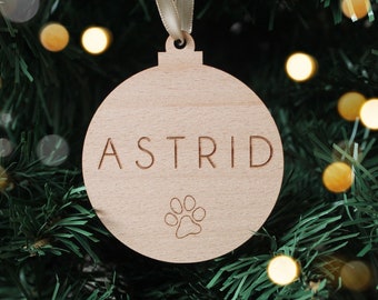 Personalised Dog Cat Name Plaque | Christmas Bauble | Pet Round Christmas Tree Decoration | Wood | Clear Acrylic | Silver Mirror | Paw Print