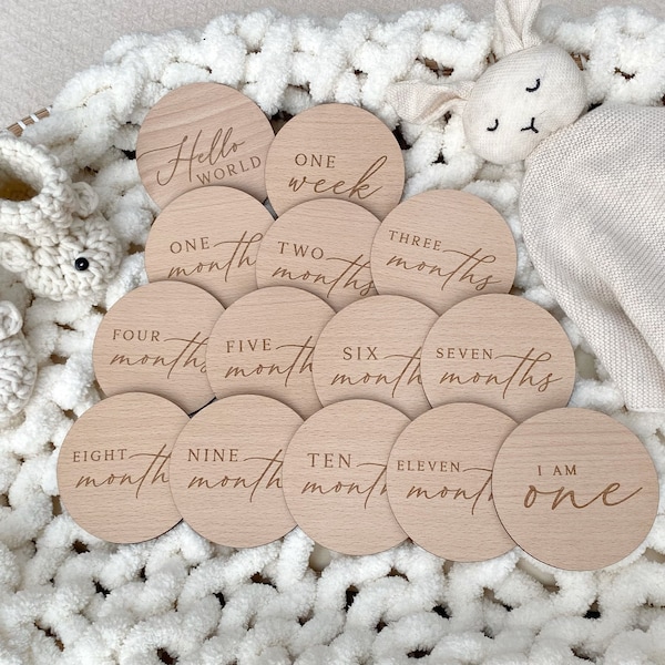 Baby Milestone Disc Set | Hello World Milestone Cards | Newborn Gift | Baby Shower Gift | Baby Social Media Photo Props | Monthly Milestones