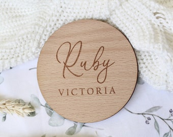 Baby Arrival Sign | Hello My Name Is Sign l Engraved Baby Name Plaque | Wooden Birth Gift | Social Media Photo Prop Disc | Scandi Nursery