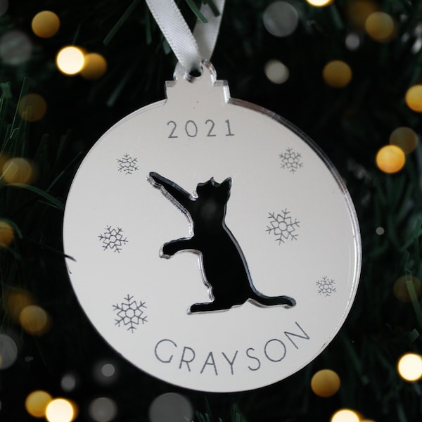 Personalised Cat Christmas Tree Decoration | Cat Christmas | Pet Christmas Decoration | Tree Ornament | Wood Silver Acrylic | Cat Ornament