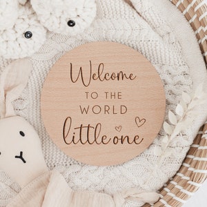 Baby Arrival Sign | Welcome to the World | Hello World l Engraved Name Plaque | Wooden Birth Gift | Social Media Photo Prop Disc | Hearts