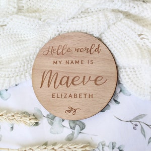 Baby Arrival Sign | Hello My Name Is Sign l Engraved Wooden Baby Name Plaque | Wooden Birth Gift | Social Media Photo Prop Disc | Botanical