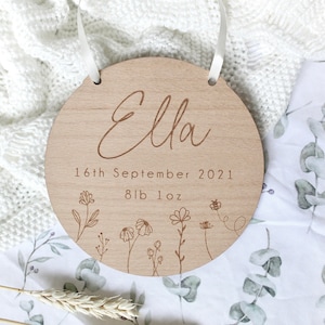 Baby Arrival Sign | Hello My Name Is Sign l Engrave Baby Name Plaque | Wooden Baby Gift | Wooden Nursery Flag Hanging Decor | Scandi Nursery