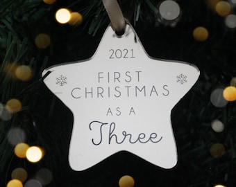 Personalised First Christmas Family Bauble | Wooden Xmas Tree Decoration | Baby Christmas Keepsake | First Christmas As Three Four Ornament