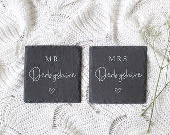 Personalised Mr & Mrs Slate Coaster Set | Mr - Mr | Mrs - Mrs | Wedding Gift | Anniversary Gift | Valentines Gift | Housewarming Gift