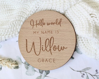 Personalised Baby Arrival Sign | Hello World My Name Is Sign l Engraved Baby Name Plaque | Wooden Birth Gift | Social Media Photo Prop Disc
