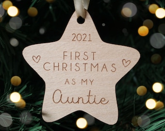 Personalised First Christmas Family Bauble | Wooden Xmas Tree Decoration | Baby Christmas Keepsake | First Christmas As My Auntie Ornament