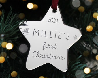 Personalised Engraved Baby's First Christmas Star Tree Ornament | Keepsake Christmas Bauble Gift Decoration | Engraved Baby's Name Plaque