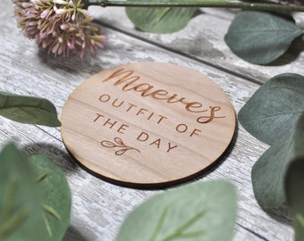 Baby Outfit of the Day Sign | OOTD | Engraved Baby Name | Cherrywood Birth Gift |  Social Media Photo Prop Disc | Botanical