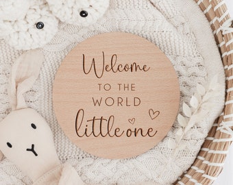 Baby Arrival Sign | Welcome to the World | Hello World l Engraved Name Plaque | Wooden Birth Gift | Social Media Photo Prop Disc | Hearts