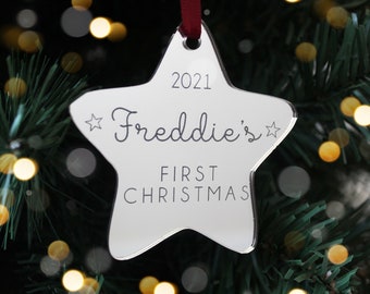 Personalised Engraved Baby's First Christmas Star Tree Ornament | Keepsake Christmas Bauble Gift Decoration | Engraved Baby's Name Plaque