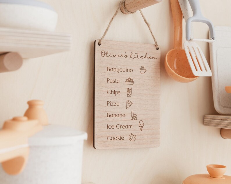 Toy Kitchen Sign | Children's Play Cafe Kitchen Menu | Wooden Play Cafe Wooden Menu | Play Kitchen Accessories | Playroom Role Play Decor image 4