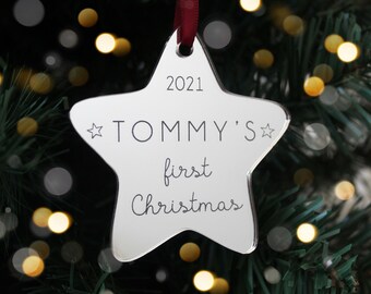 Personalised Engraved Baby's First Christmas Star Tree Ornament | Keepsake Christmas Bauble Gift Decoration | Engraved Baby's Name Plaque