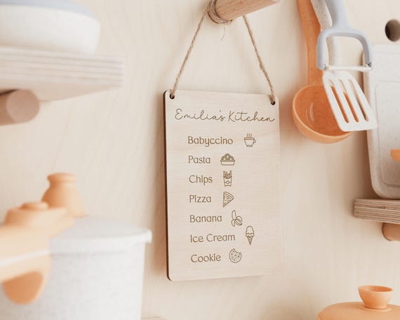 Toy Kitchen Sign | Children's Play Cafe Kitchen Menu | Wooden Play Cafe Wooden Menu | Play Kitchen Accessories | Playroom Role Play Decor