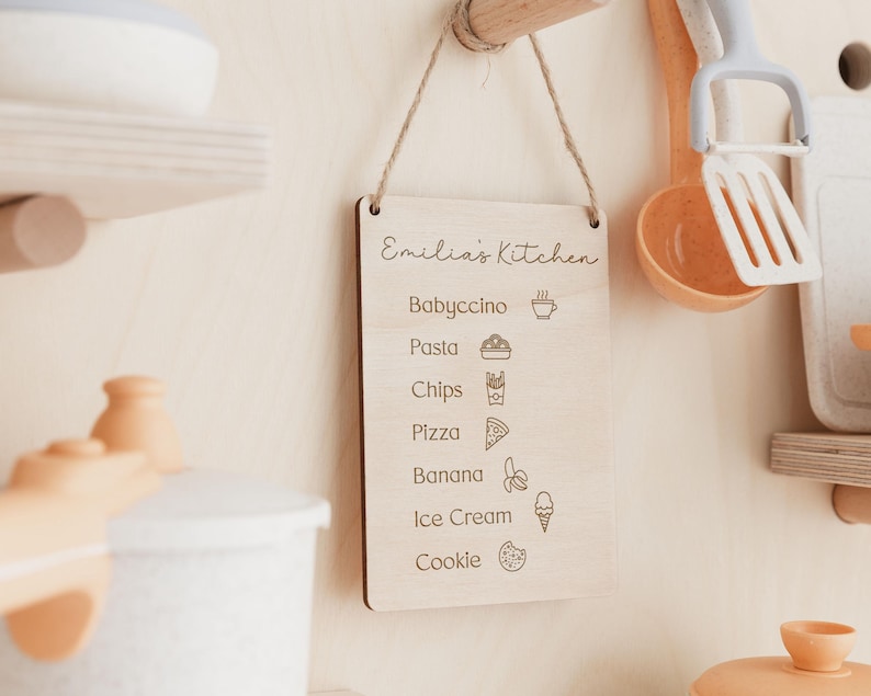 Toy Kitchen Sign | Children's Play Cafe Kitchen Menu | Wooden Play Cafe Wooden Menu | Play Kitchen Accessories | Playroom Role Play Decor image 1