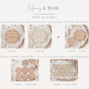 May include: Wooden baby name plaques and milestone sets. Options include beech or birch wood, 10cm or 15cm sizes, and milestone sets for 1 week to 6 months or 1 week to 1 year. The text "Honey & Wild" is at the top.