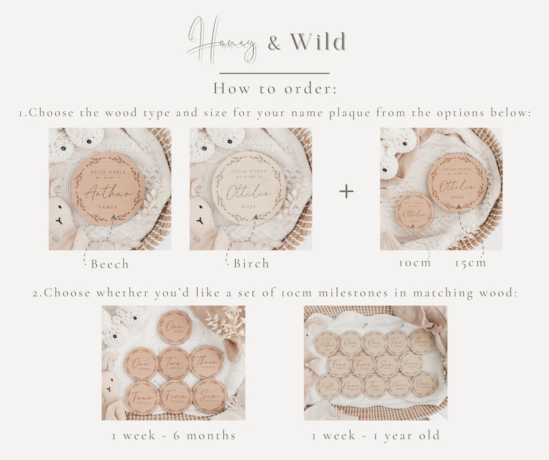 May include: Wooden baby name plaques and milestone sets. Options include beech or birch wood, 10cm or 15cm sizes, and milestone sets for 1 week to 6 months or 1 week to 1 year. The text "Honey & Wild" is at the top.