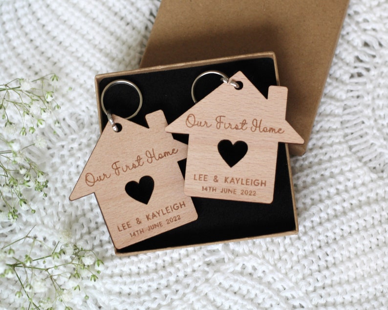 Pair of Personalised Our First Home Keyrings with Giftbox | New Home Gift | Housewarming Gift | His & Hers Keyrings | Couple First Home Set 