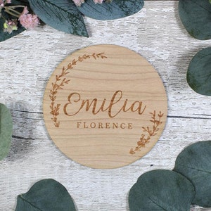 Baby Monthly Milestones Announcement Sign Hello My Name Is Sign l Engraved Baby Name Wooden Birth Announcement Botanical image 2