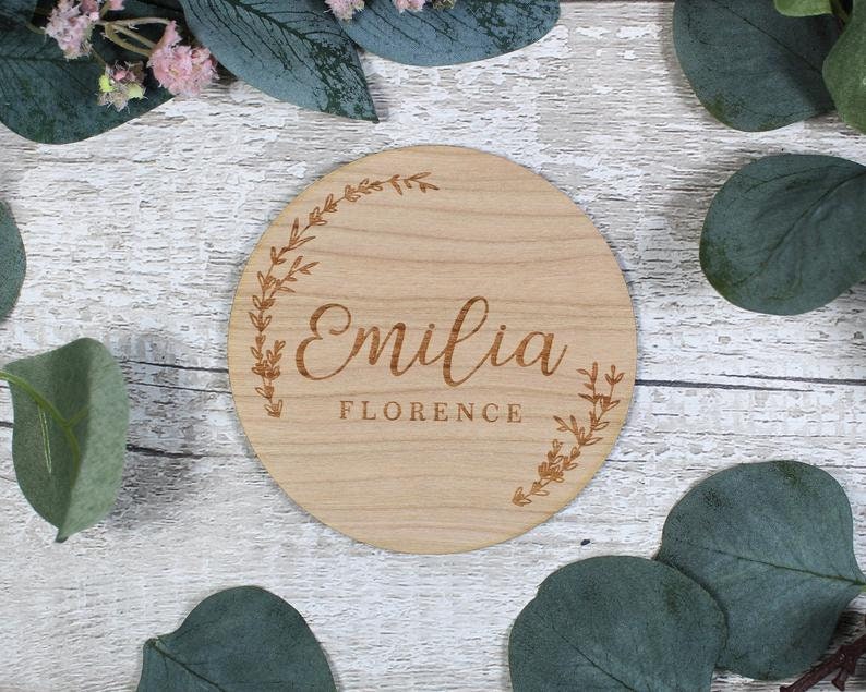 Baby Monthly Milestones Announcement Sign Hello My Name Is Sign l Engraved Baby Name Wooden Birth Announcement Botanical image 2