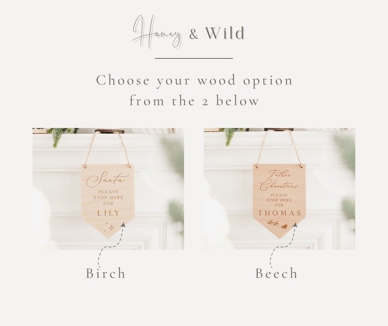 Op de afbeelding: Twee houten borden met een rustieke uitstraling, een met de tekst "Santa Please Stop Here For Lily" en de andere met de tekst "Father Christmas Please Stop Here For Thomas". De borden hangen aan een touwtje en zijn onderaan gelabeld met "Birch" en "Beech".