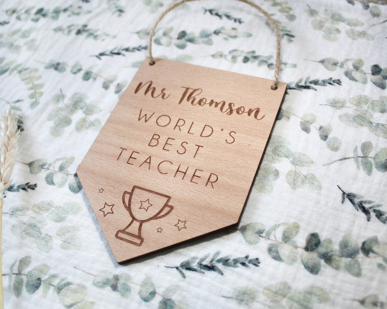 Personalised Classroom Teacher Gift Wooden Flag Teacher Pennant Flag Teacher Gift Decor Scandi Decor World's Best Teacher image 2