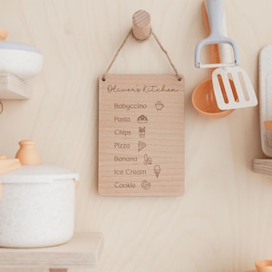 Toy Kitchen Sign | Children's Play Cafe Kitchen Menu | Wooden Play Cafe Wooden Menu | Play Kitchen Accessories | Playroom Role Play Decor Beech