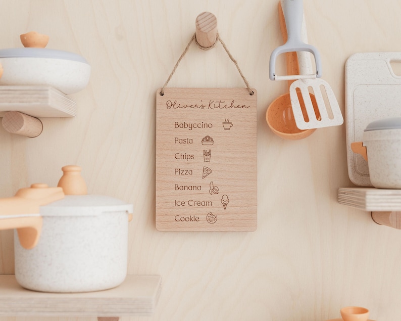 Toy Kitchen Sign | Children's Play Cafe Kitchen Menu | Wooden Play Cafe Wooden Menu | Play Kitchen Accessories | Playroom Role Play Decor Beech