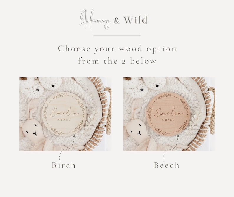 May include: Two wooden baby name plaques with a floral wreath design. The plaque on the left is on a birch background and the plaque on the right is on a beech background. Both plaques have the name "Emilia Grace" engraved on them.