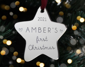 Personalised Engraved Baby's First Christmas Star Tree Ornament | Keepsake Christmas Bauble Gift Decoration | Engraved Baby's Name Plaque