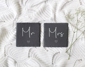 Mr & Mrs Slate Coaster Set | Mr - Mr | Mrs - Mrs | Wedding Gift | Anniversary Gift | Valentines Gift | Housewarming Gift