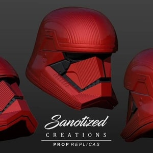 Puede incluir: Tres cascos rojos con textura acanalada. Los cascos son de la franquicia Star Wars. Los cascos se muestran sobre un fondo gris. El texto "Sanitized Creations Prop Replicas" es visible en la parte inferior de la imagen.