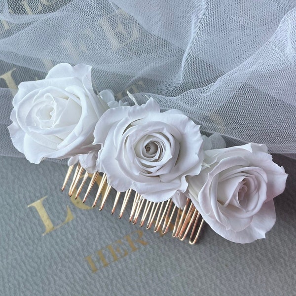 Boho Bridal White Rose Hair Comb, Real Flower Wedding Accessories, Classic Minimalist Floral Comb Gold Silver, Romantic Bride Updo HairPiece